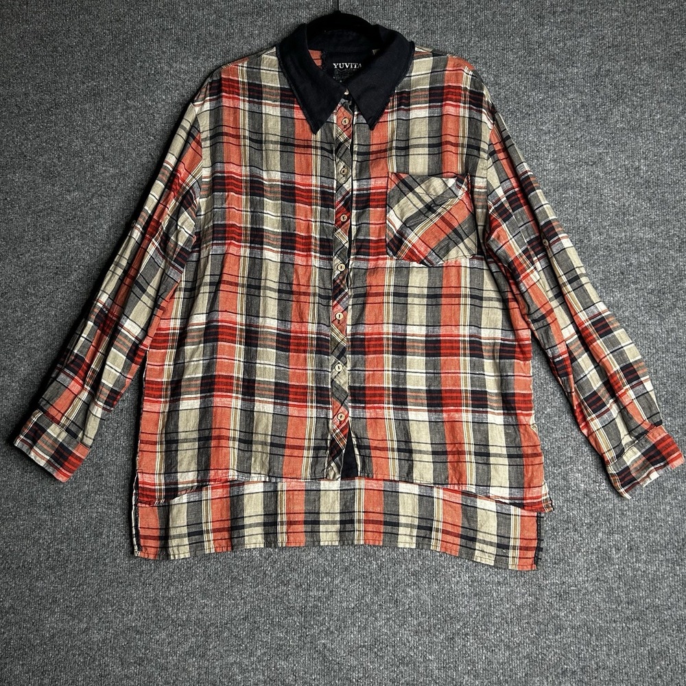 Yuvita Women Linen Button Down Shirt Size Medium Plaid Oversized Long Sleeve